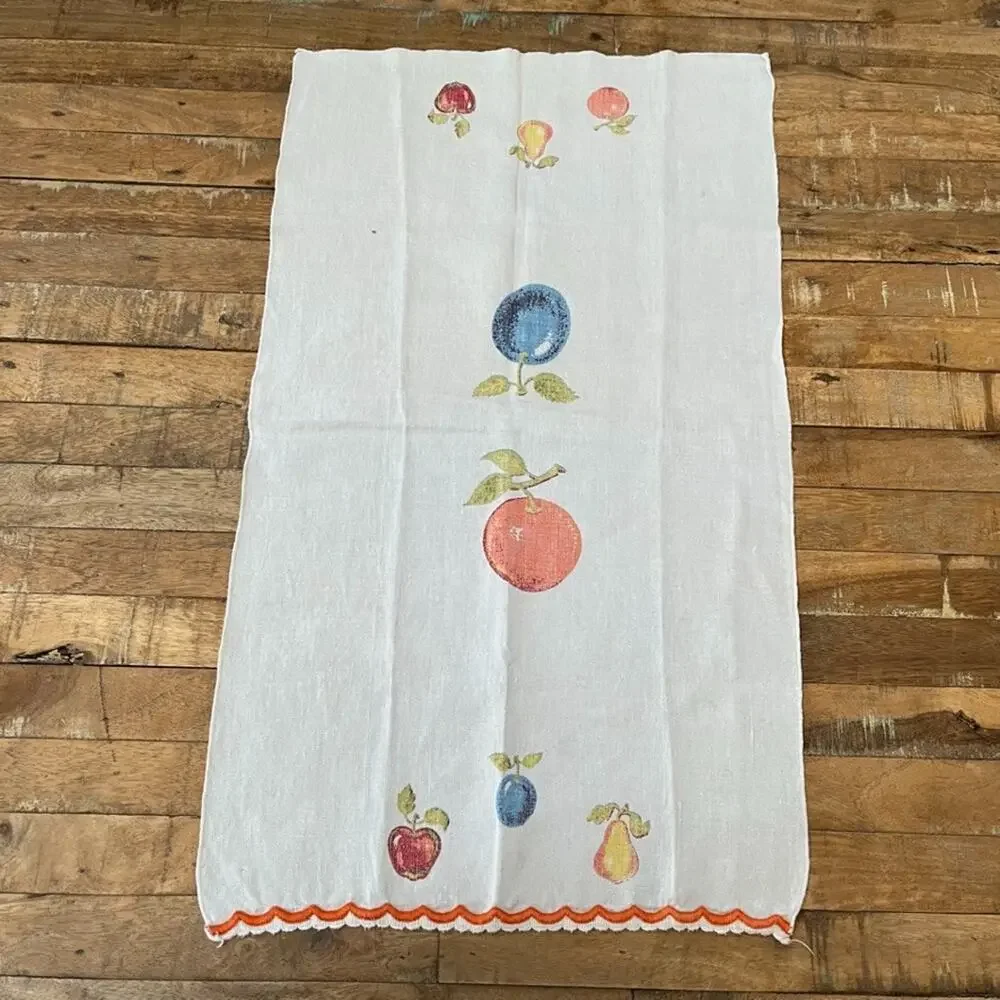 Vintage Linen Kitchen Tea Towel Printed Fruit Motif Scallop Decorative Trim